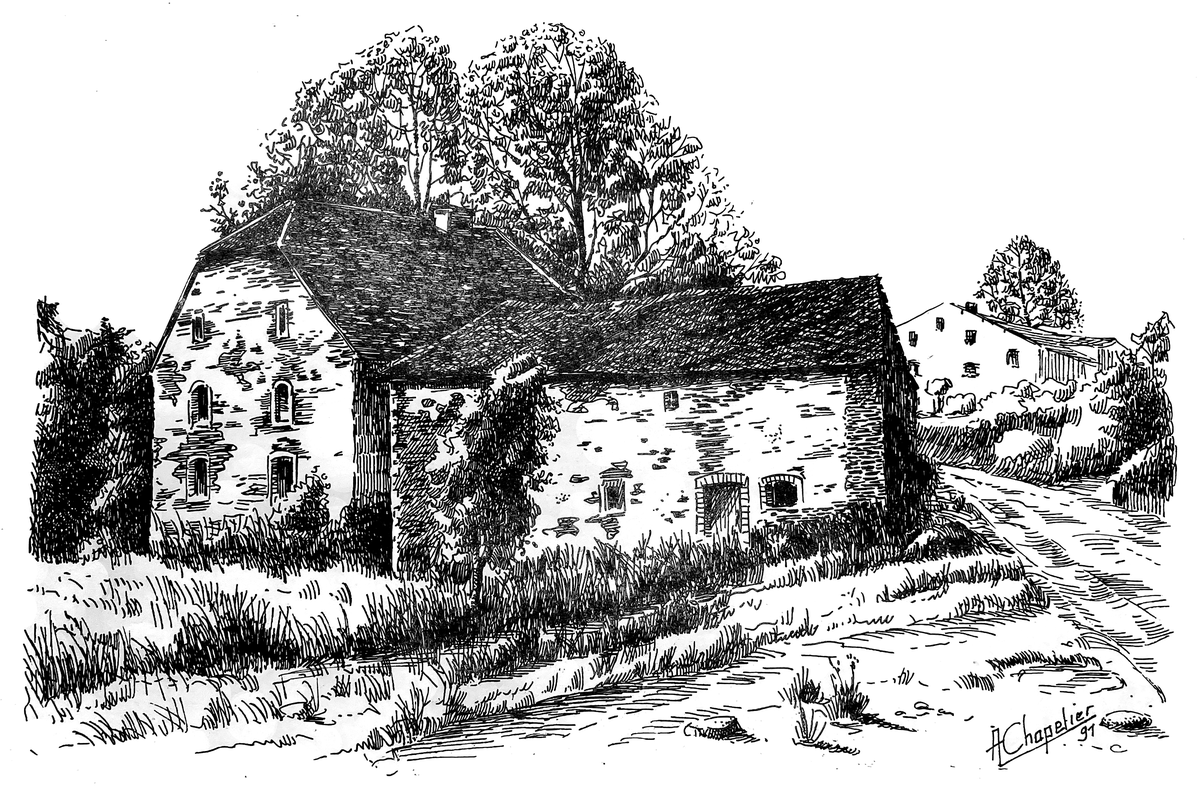 Tekening van een hoeve in de Ardennen, gesigneerd Chapelier, '91.